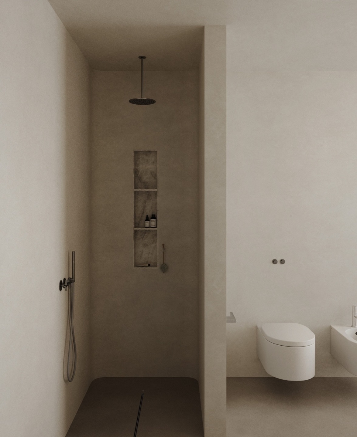 Seamless microcement bathroom with walk-in shower and wall-hung fixtures
